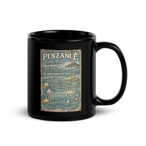 Penzance Coastal Signboard Black Glossy Mug — vintage Cornish coastal design