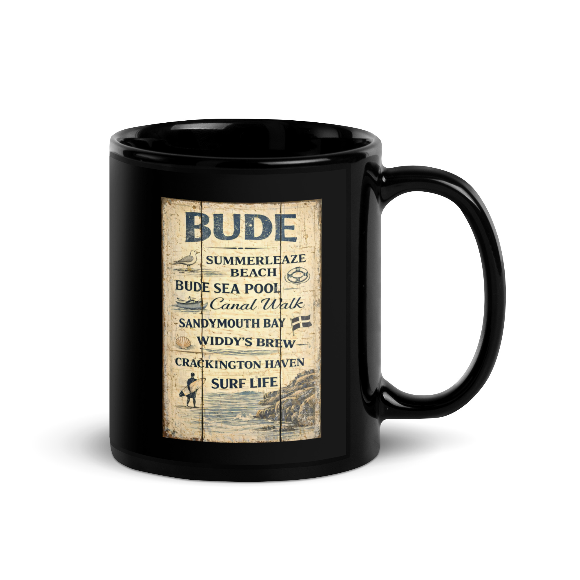Bude Coastal Signboard - Black Glossy Mug