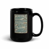 Penzance Coastal Signboard – Black Glossy Mug black 15oz handle on right — Salt & Timber: Cornish Signs