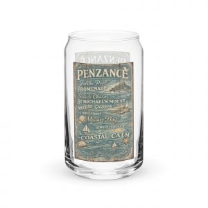 Penzance Coastal Signboard Can-shaped glass — vintage Cornish coastal design