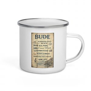 Bude Coastal Signboard Enamel Mug — vintage Cornish coastal design