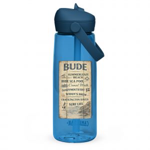 Bude Coastal Signboard Flip straw water bottle — vintage Cornish coastal design