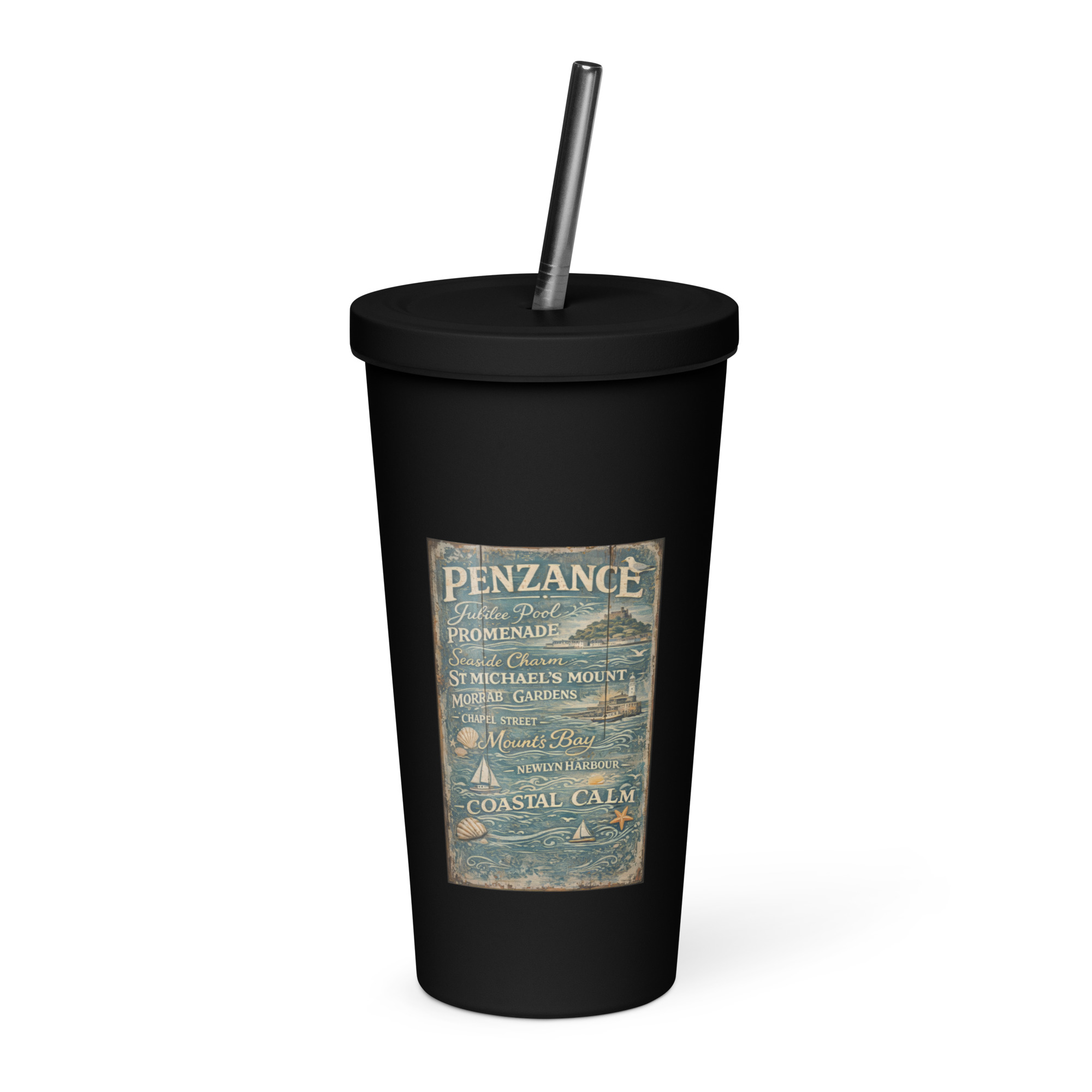 Penzance Coastal Signboard - Insulated tumbler with a straw