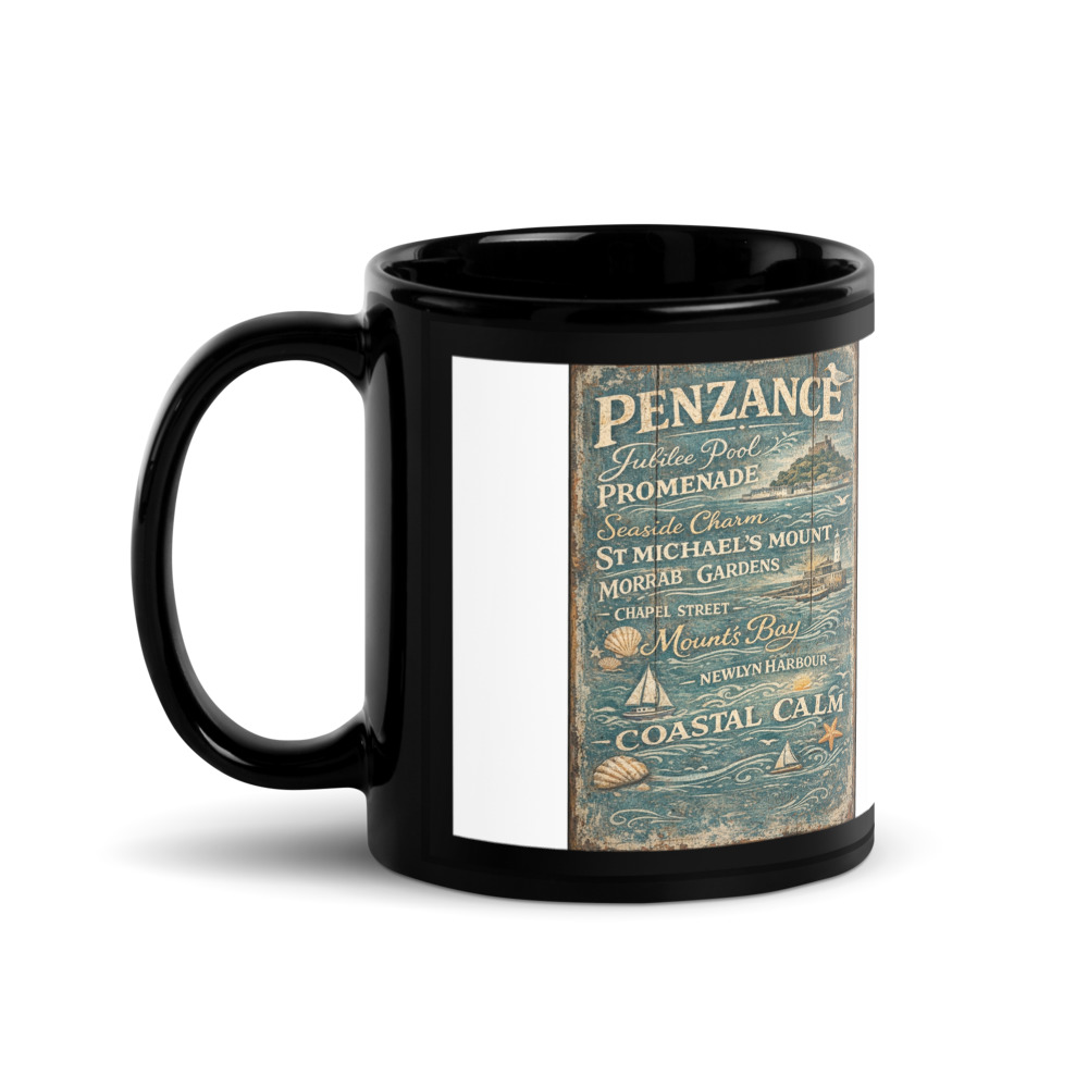 Penzance Coastal Signboard - Black Glossy Mug