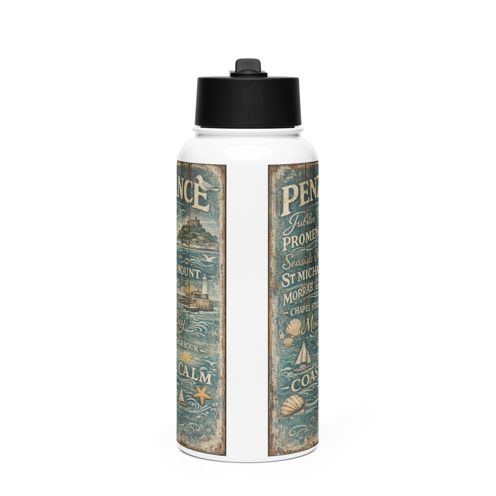 Penzance Coastal Signboard - Stainless Steel Water Bottle with a Straw Lid