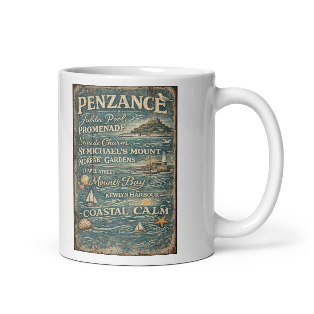 Penzance Coastal Signboard - White Glossy Mug