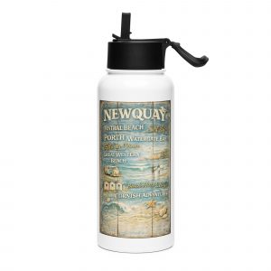 Newquay Surf Signboard Stainless steel water bottle with a straw lid — vintage Cornish coastal design