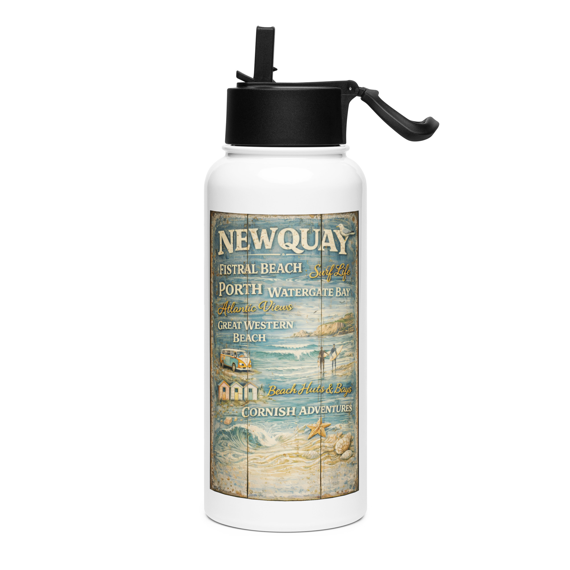 Newquay Surf Signboard - Stainless steel water bottle with a straw lid