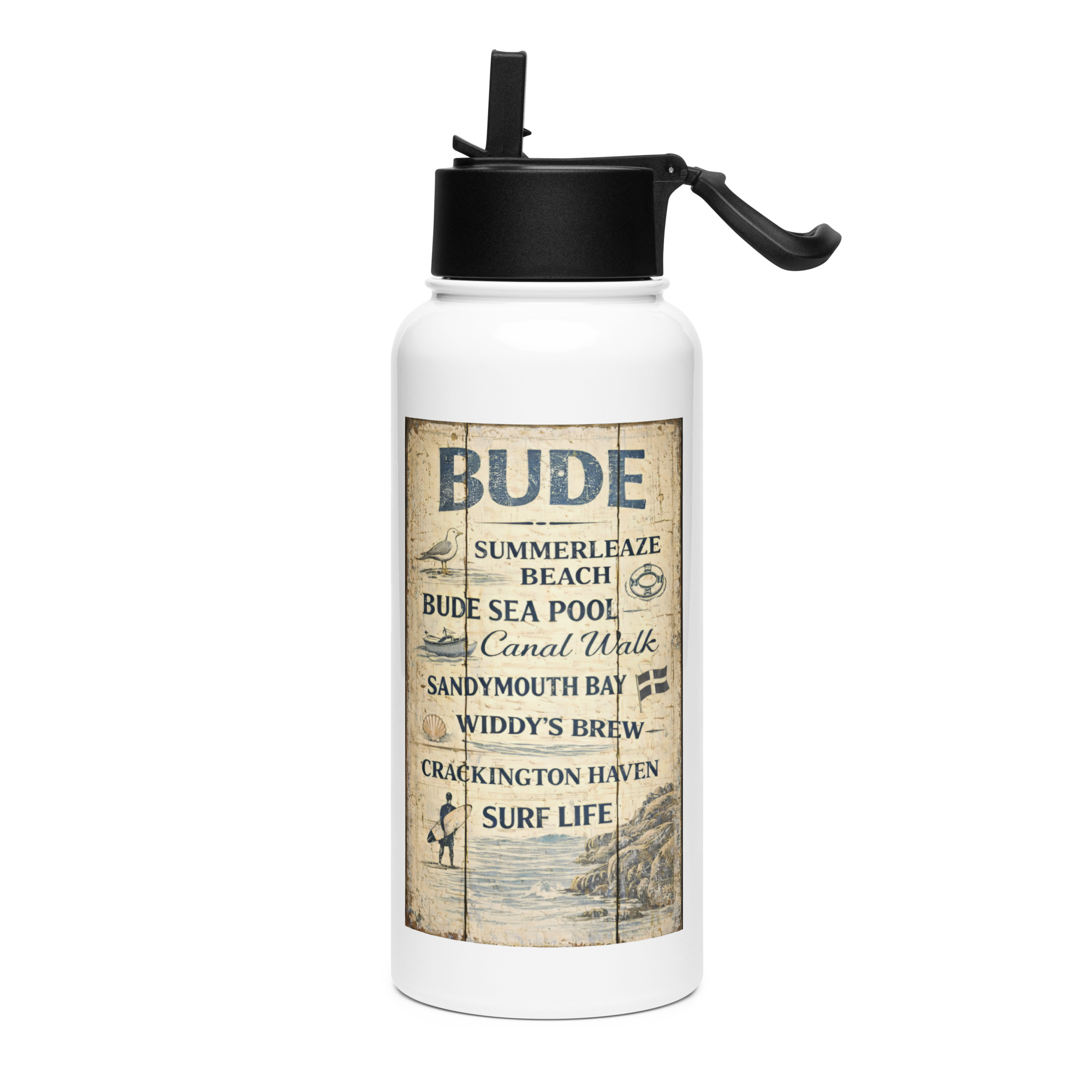 Bude Coastal Signboard - Stainless steel water bottle with a straw lid