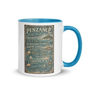Penzance Coastal Signboard Mug with Color Inside — vintage Cornish coastal design