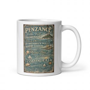 Penzance Coastal Signboard White glossy mug — vintage Cornish coastal design