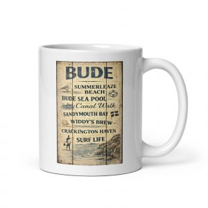 Bude Coastal Signboard White glossy mug — vintage Cornish coastal design