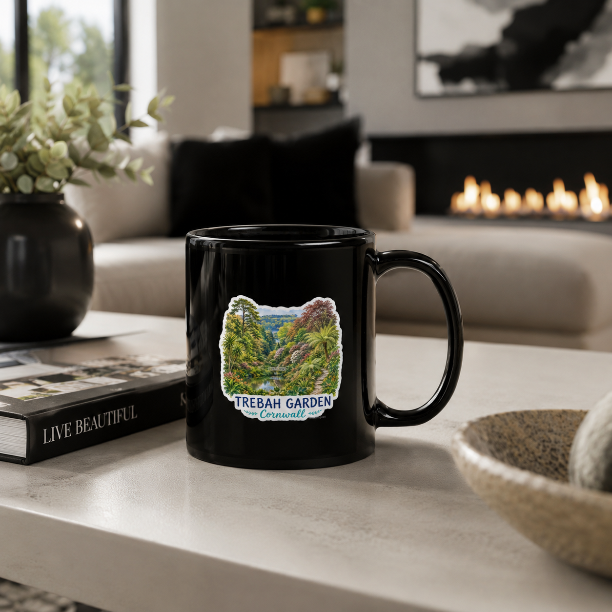 Trebah Garden Cornwall Artwork Design - Black Glossy Mug