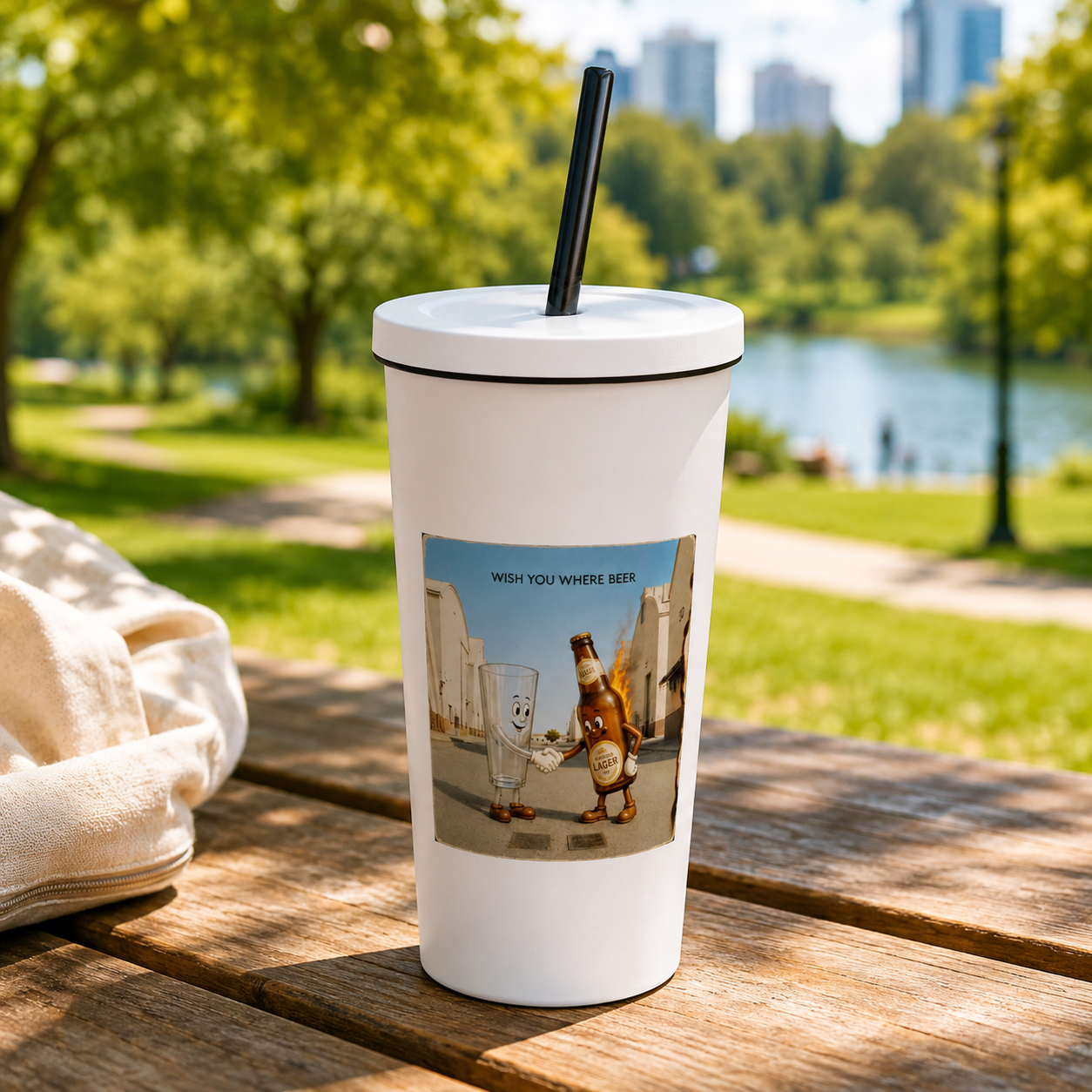 Wish You Were Beer – Insulated tumbler with a straw