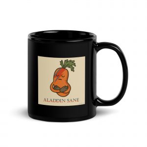 Aladdin Sane Carrot Parody Glass –Black Glossy Mug – Black Glossy Mug black 11oz handle on right — Snack Tracks - The Ultimate Parody Album Collection