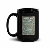 Penzance Coastal Signboard – Black Glossy Mug black 15oz handle on left — Salt & Timber: Cornish Signs