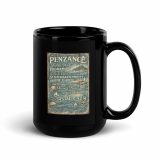 Penzance Coastal Signboard – Black Glossy Mug black 15oz handle on right — Salt & Timber: Cornish Signs