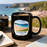 Holywell Bay Cornwall – Coastal Beach Scene - Black Glossy Mug