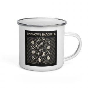 Unknown Snackers – Enamel Mug white 12oz right — Snack Tracks - The Ultimate Parody Album Collection