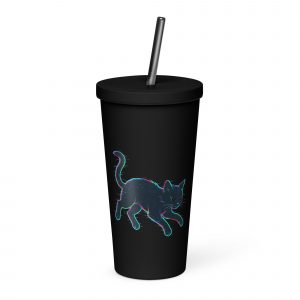 Glitch Cat – Insulated Tumbler with a Straw black 20oz left — Glitch State: Emotion Offline