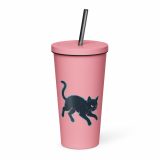 Glitch Cat – Insulated Tumbler with a Straw pink 20oz left — Glitch State: Emotion Offline