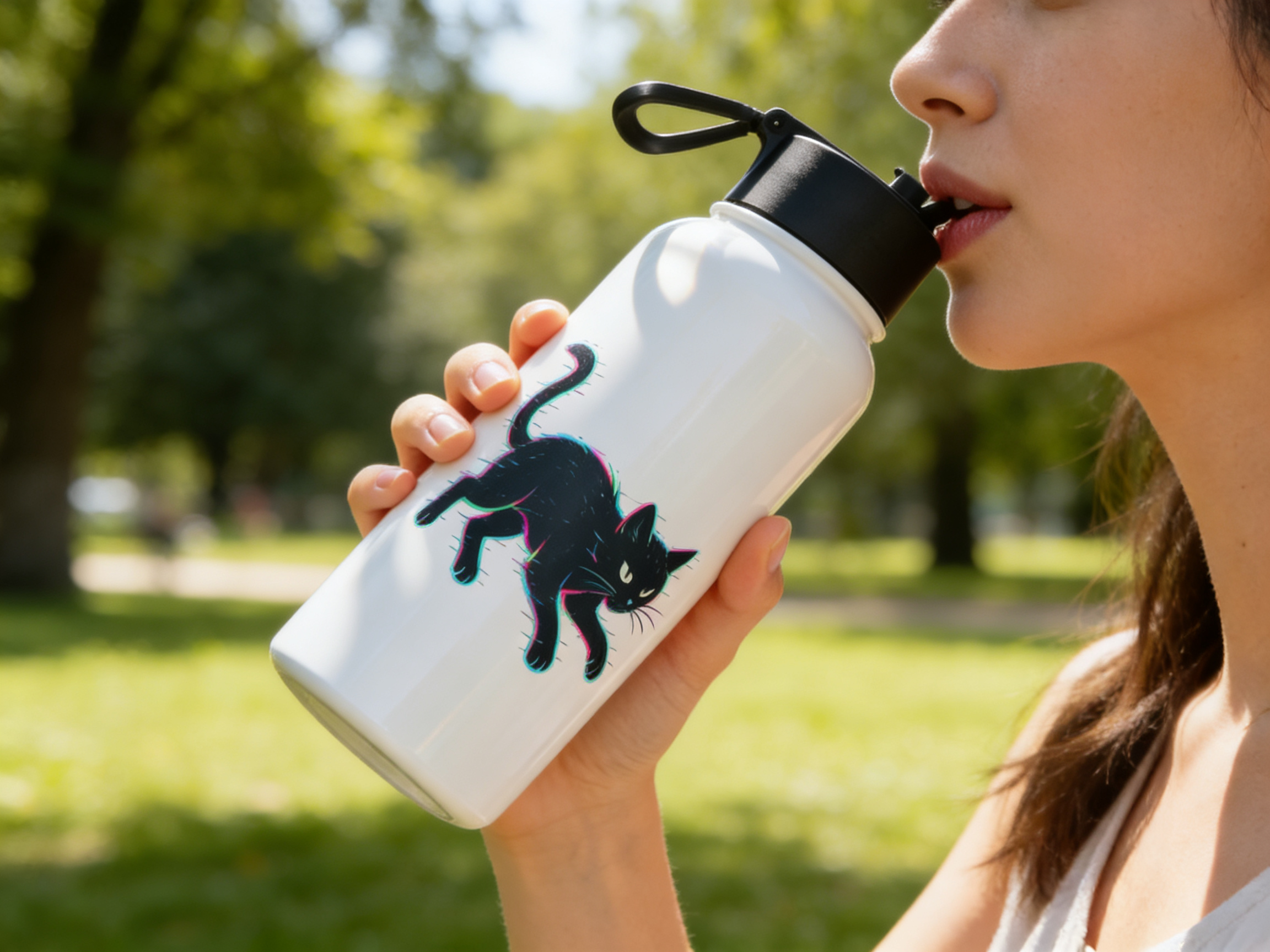 Glitch Cat – Digital Shadow StalkerStainless steel water bottle with a straw lid