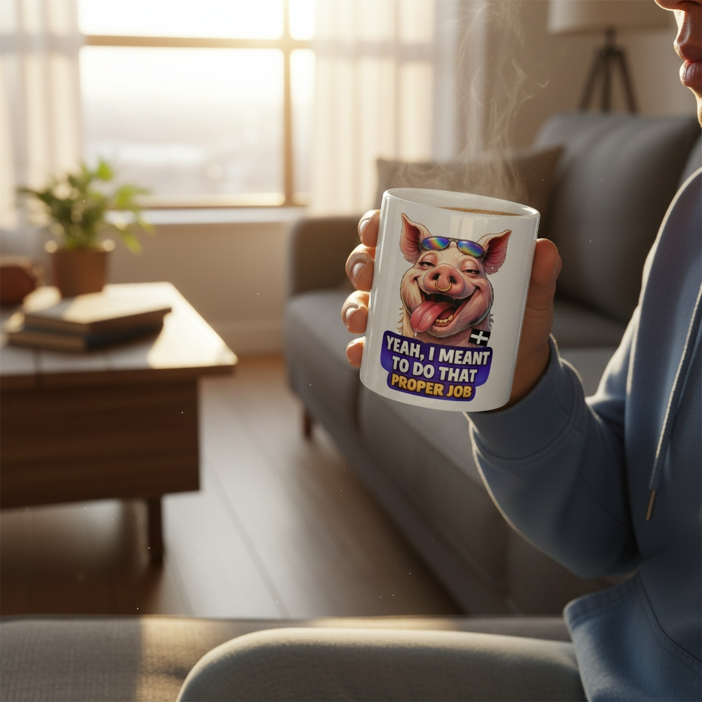 YEAH I MENT TO DO THAT PROPER JOB - PIG - White glossy mug