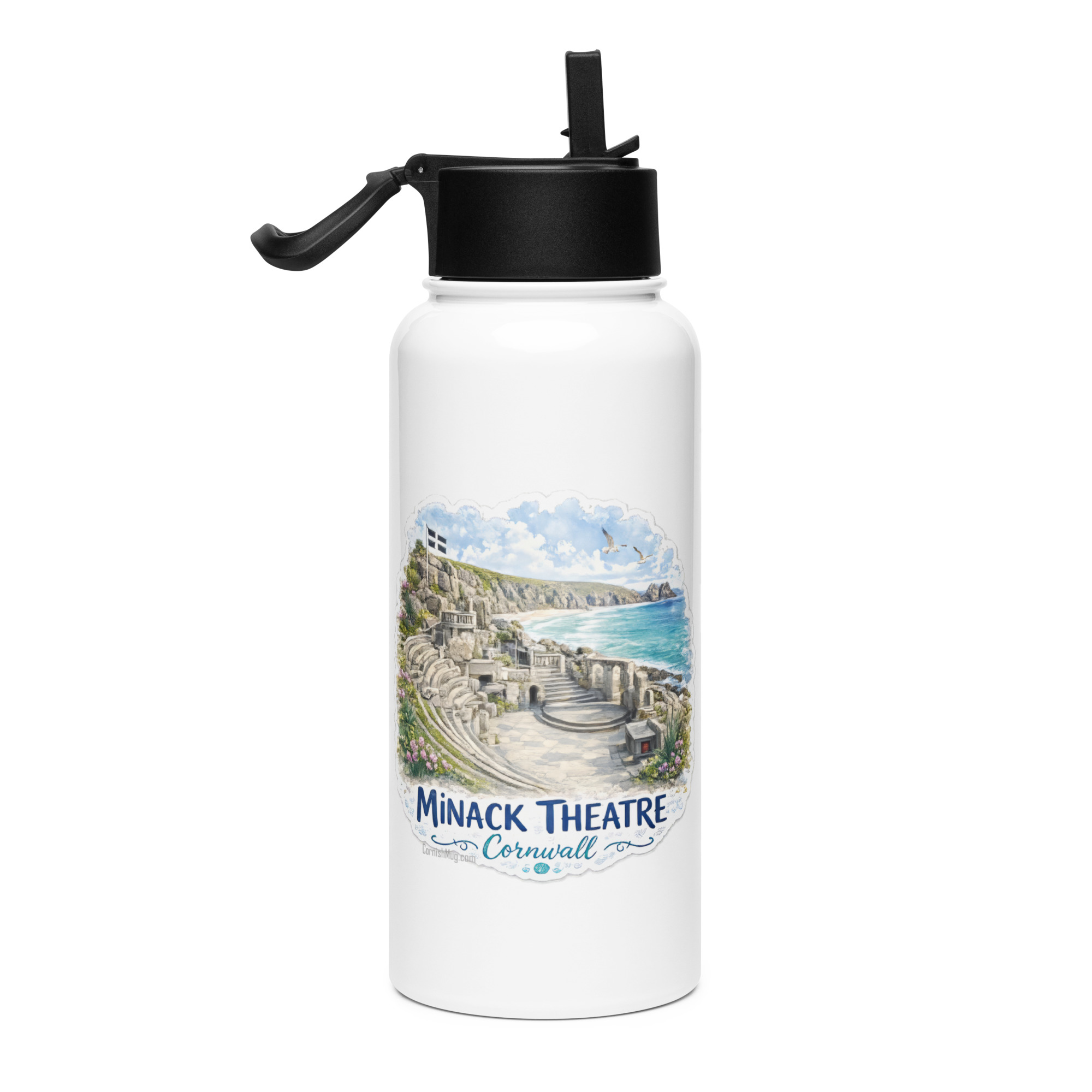 Minack Theatre Cornwalls Scenic Amphitheatre - Stainless steel water bottle with a straw lid