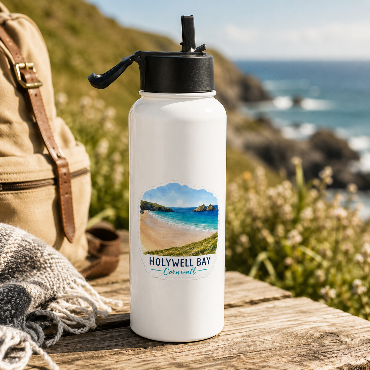 Holywell Bay Cornwall – Coastal Beach Scene - Stainless steel water bottle with a straw lid