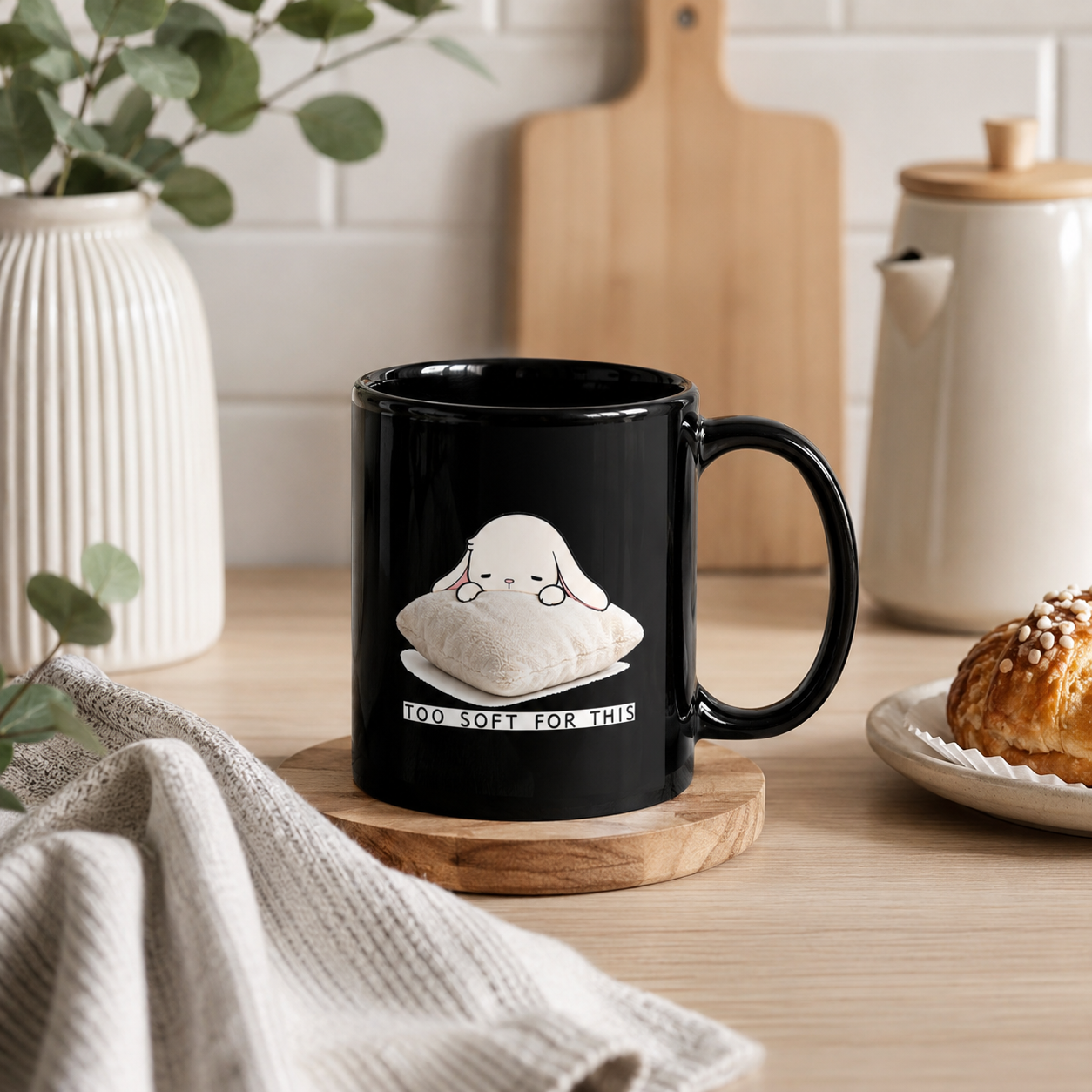 Too Soft For This – Black Glossy Mug