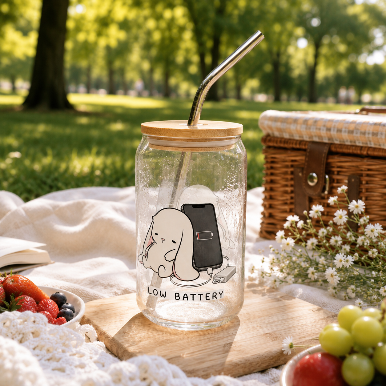 Low Battery Bunny – Cute Relatable Phone Charging Design - Can-shaped glass