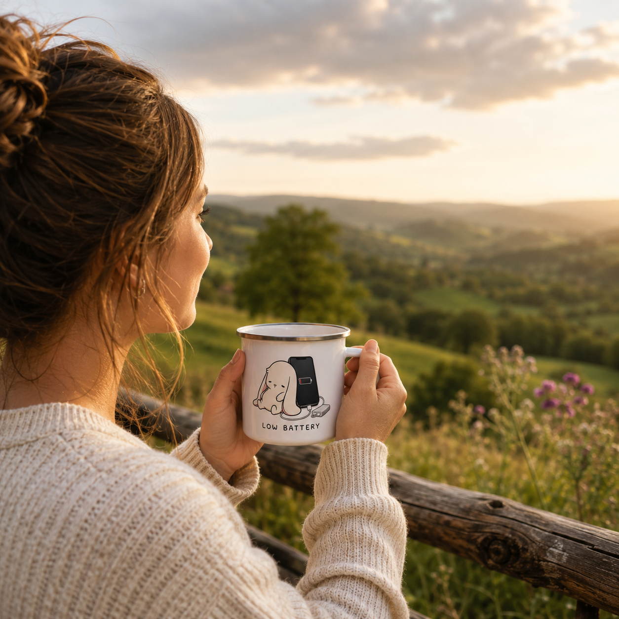 Low Battery Bunny – Cute Relatable Phone Charging Design - Enamel Mug