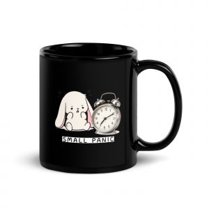 Small Panic Bunny – Black Glossy Mug black 11oz handle on right — The Floppy Collection