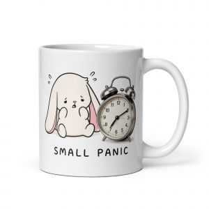 Small Panic Bunny Mug – White Glossy Mug white 11oz handle on right — The Floppy Collection