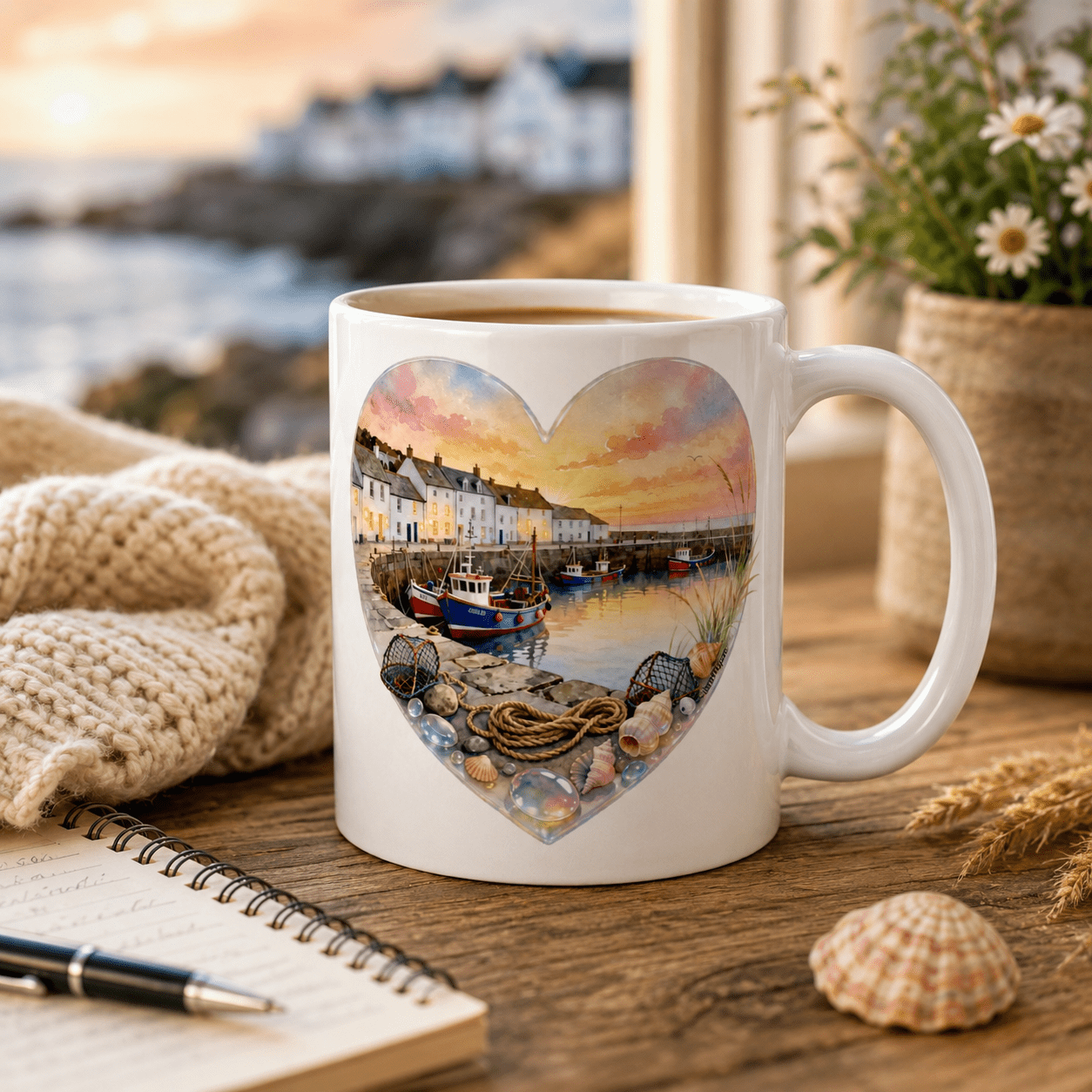 Cornish Fishing Harbour Heart Design - White glossy mug