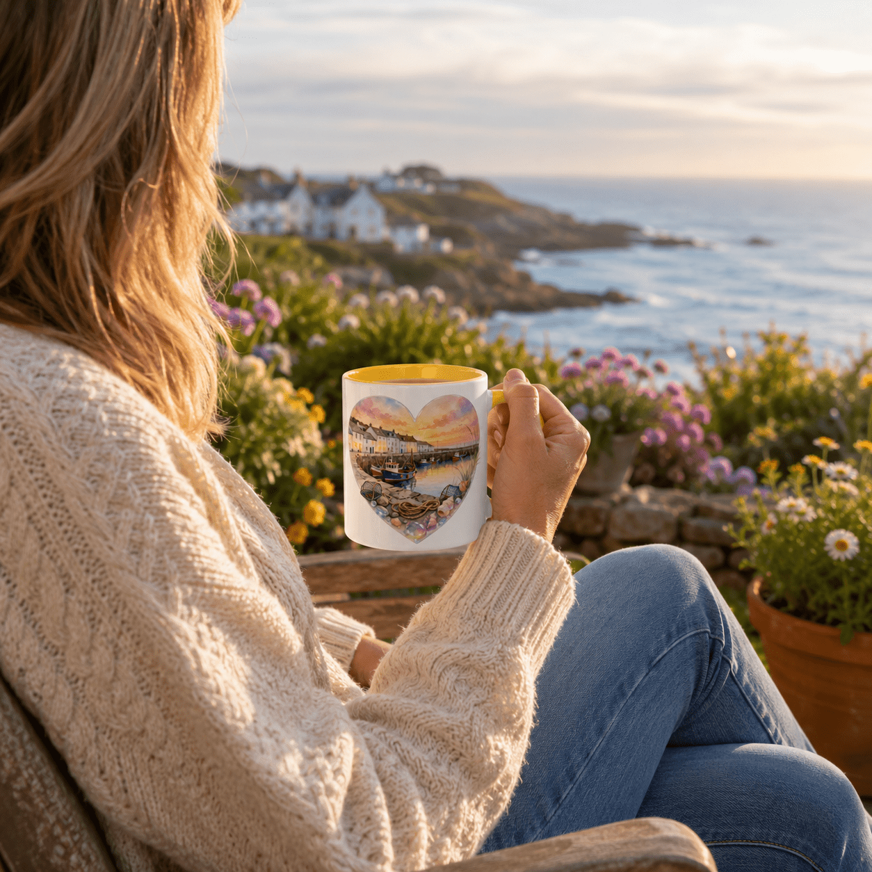 Cornish Fishing Harbour Heart Design - Mug with Color Inside