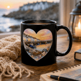 Cornish Fishing Harbour Heart Design – Black Glossy Mug