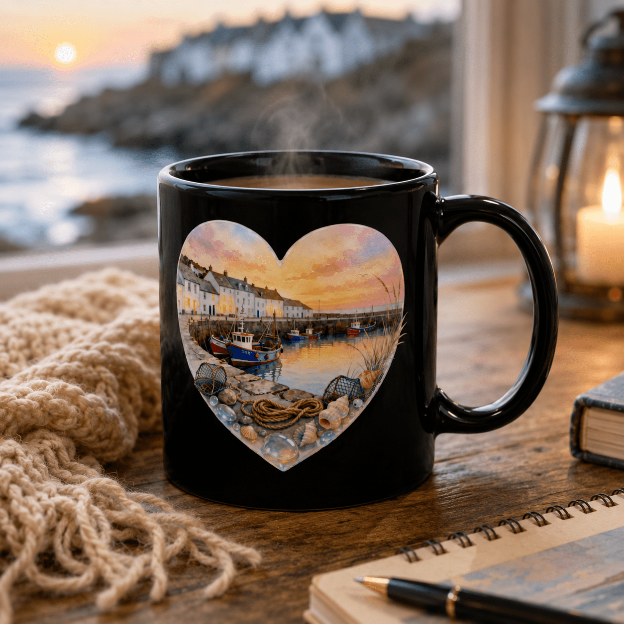 Cornish Fishing Harbour Heart Design – Black Glossy Mug