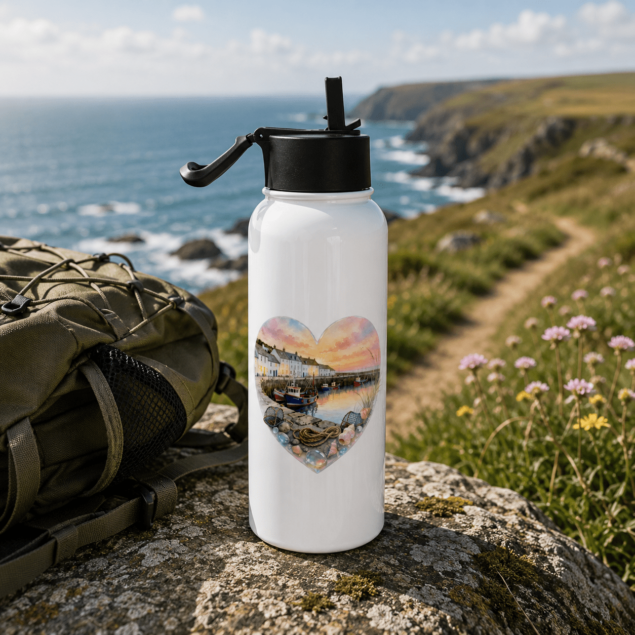 Cornish Fishing Harbour Heart Design – Stainless steel water bottle with a straw lid