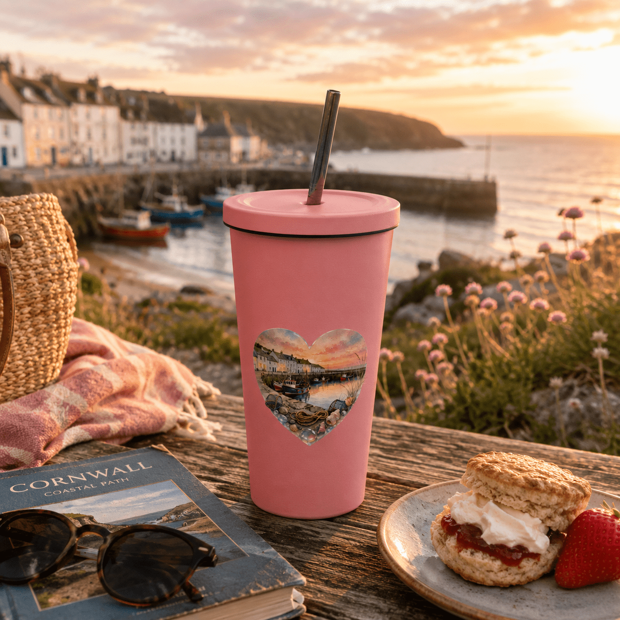 Cornish Fishing Harbour Heart Design – Insulated tumbler with a straw