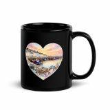 Cornish Fishing Harbour Heart Design – Black Glossy Mug