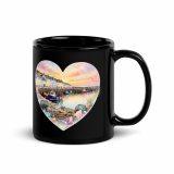 Cornish Fishing Harbour Heart Design – Black Glossy Mug