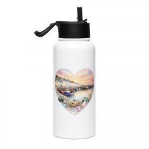 Cornish Fishing Harbour Heart Design – Stainless steel water bottle with a straw lid