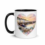 Cornish Fishing Harbour Heart Design - Mug with Color Inside