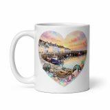 Cornish Fishing Harbour Heart Design - White glossy mug