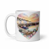 Cornish Fishing Harbour Heart Design - White glossy mug