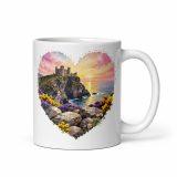 Tintagel Castle Sunset Heart Design – White glossy mug