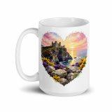 Tintagel Castle Sunset Heart Design – White glossy mug